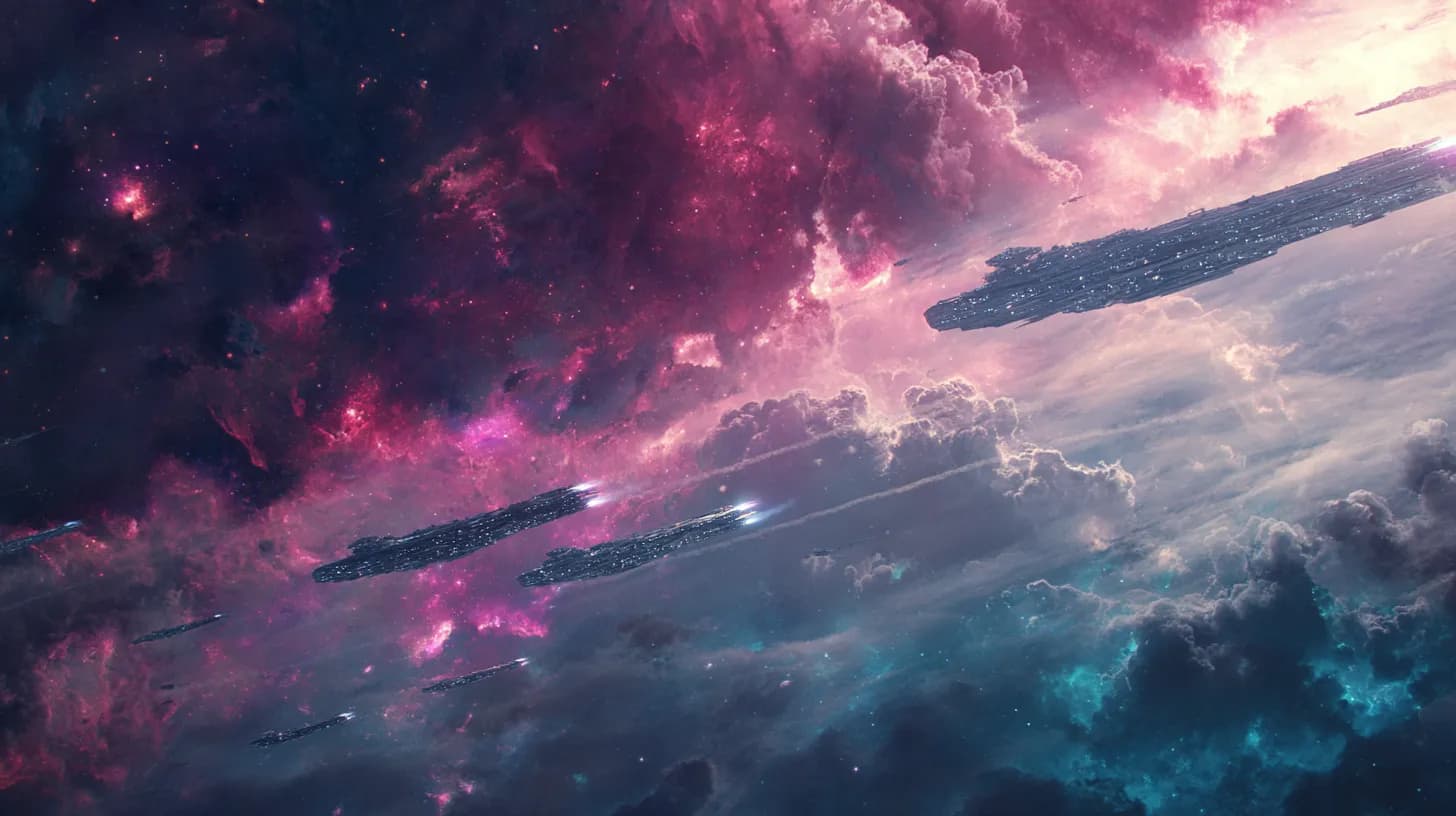 Galactic fleet crossing a nebula